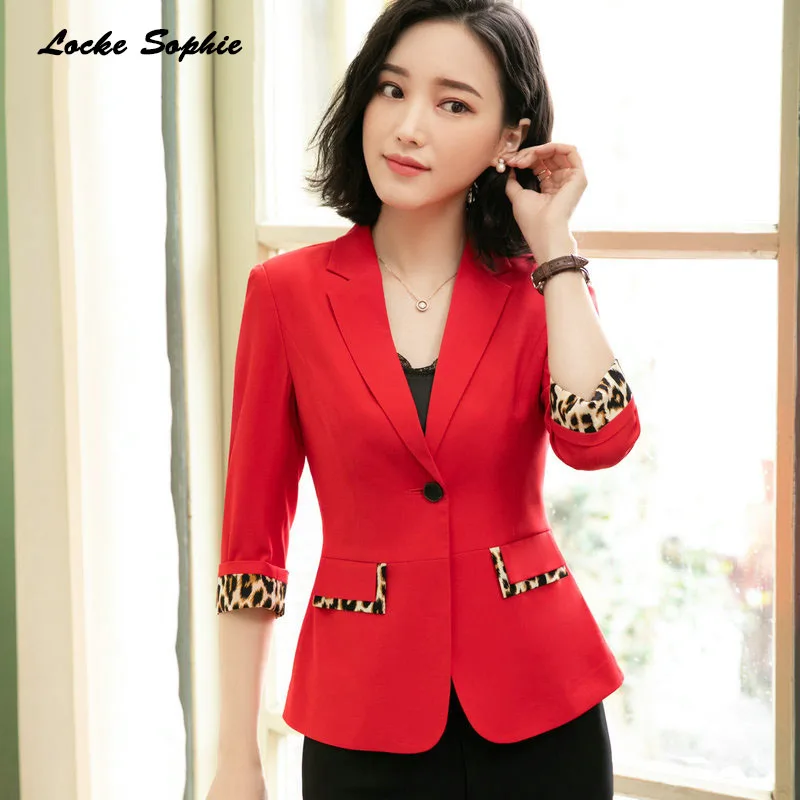 1pcs Women's Plus size Blazers coats 2019 Autumn cotton Leopard Splicing  Small Suits jackets ladies Skinny Blazers Suits coats