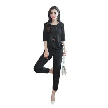 

Two Piece Set Women 2019 New Spring Korean Slim Black Caramel Half Sleeve Tops and Ankle-length Pants 2 Piece Set Feminina CX723