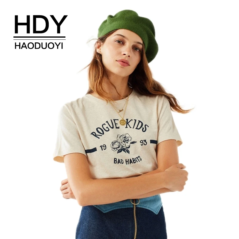 

HDY haoduoyi 2018 Baihe Art Small Fresh And Sweet Rose Letter Printing Easy to Match The College T - shirt