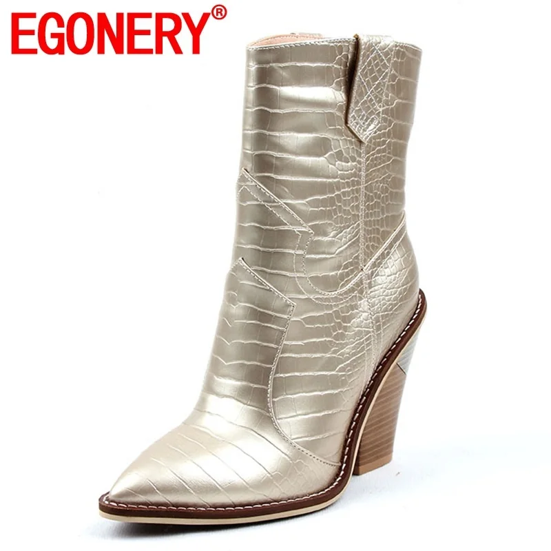

EGONERY woman shoes autumn winter new fashion sexy genuine leather mid calf boots super high heels pointed toe plus size shoes