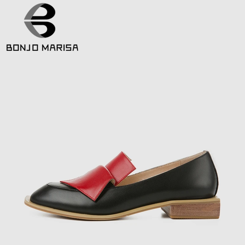 

BONJOMARISA New Spring Brand Luxury Women Pumps Genuine Cow Leather 2019 Med Heels Platform Whole Leather Shoes Woman 33-41