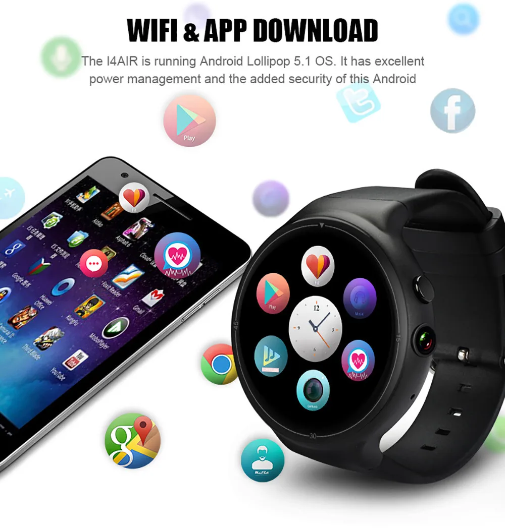 Смарт часы Voberry I4Air 2G + 16G полный круг Wifi пульсометр GPS камера умные мужские