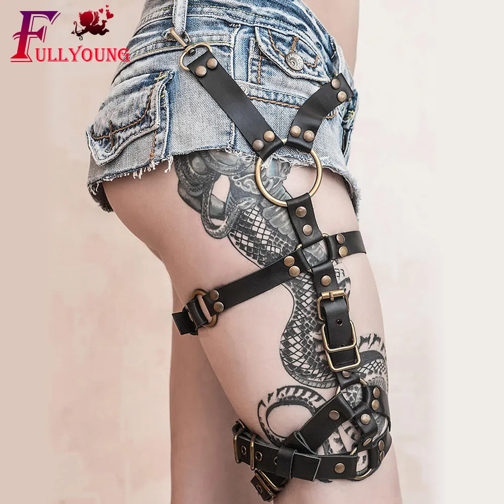 

Fullyoung Creative Sexy Harness X-Design Punk O-Ring Garter Belts Leg Ring PU Adjustable Bondage Garters For Stockings Belt