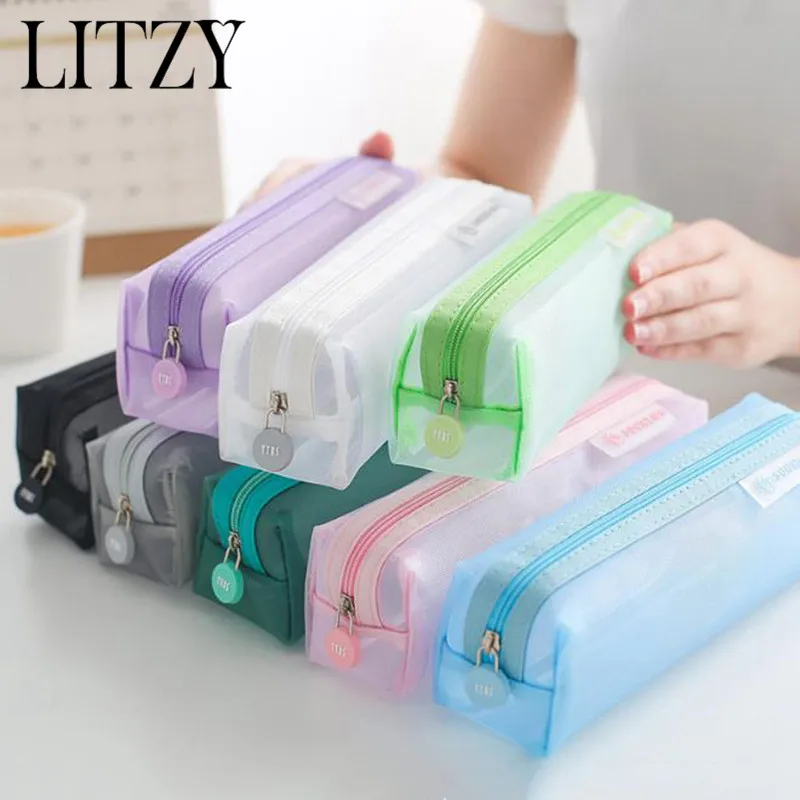 

Clear Transparent Mesh Pencil Case School Pencil Case for Girls Boys Student Stationery Nylon Black Pencil Bag estojo escolar
