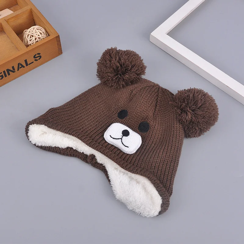 Soft Warm Bear Beanie Hat For Baby Boys Girls Cute Cartoon Kids Hat With Pompom Knitted Double Layer Velvet Winter Baby Hat New  (7)