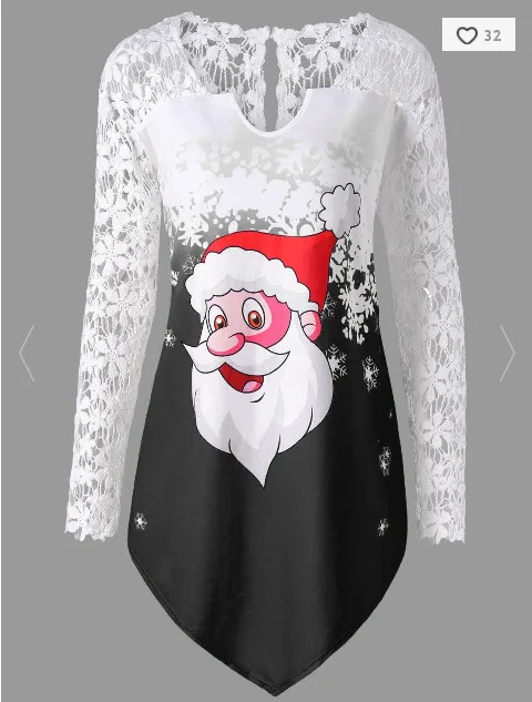 Women Blouses Causal Merry Christmas Santa Snowflake Print Tops Long Sleeve Lace Blouse Shirt SJ318V