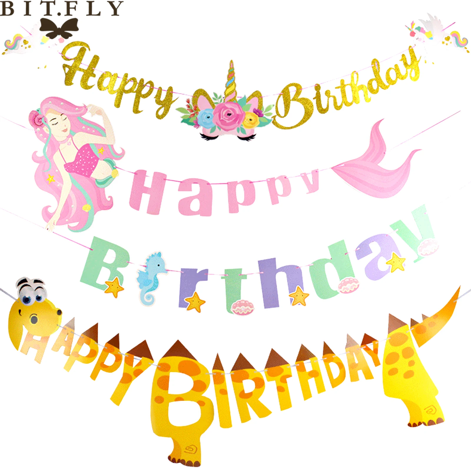 Бумажный счастливый плакат "с днем рождения" мультфильм Единорог, динозавр Русалка день рождения гирлянда флаг детская игрушка в ванную юбилей Дети Партии питания