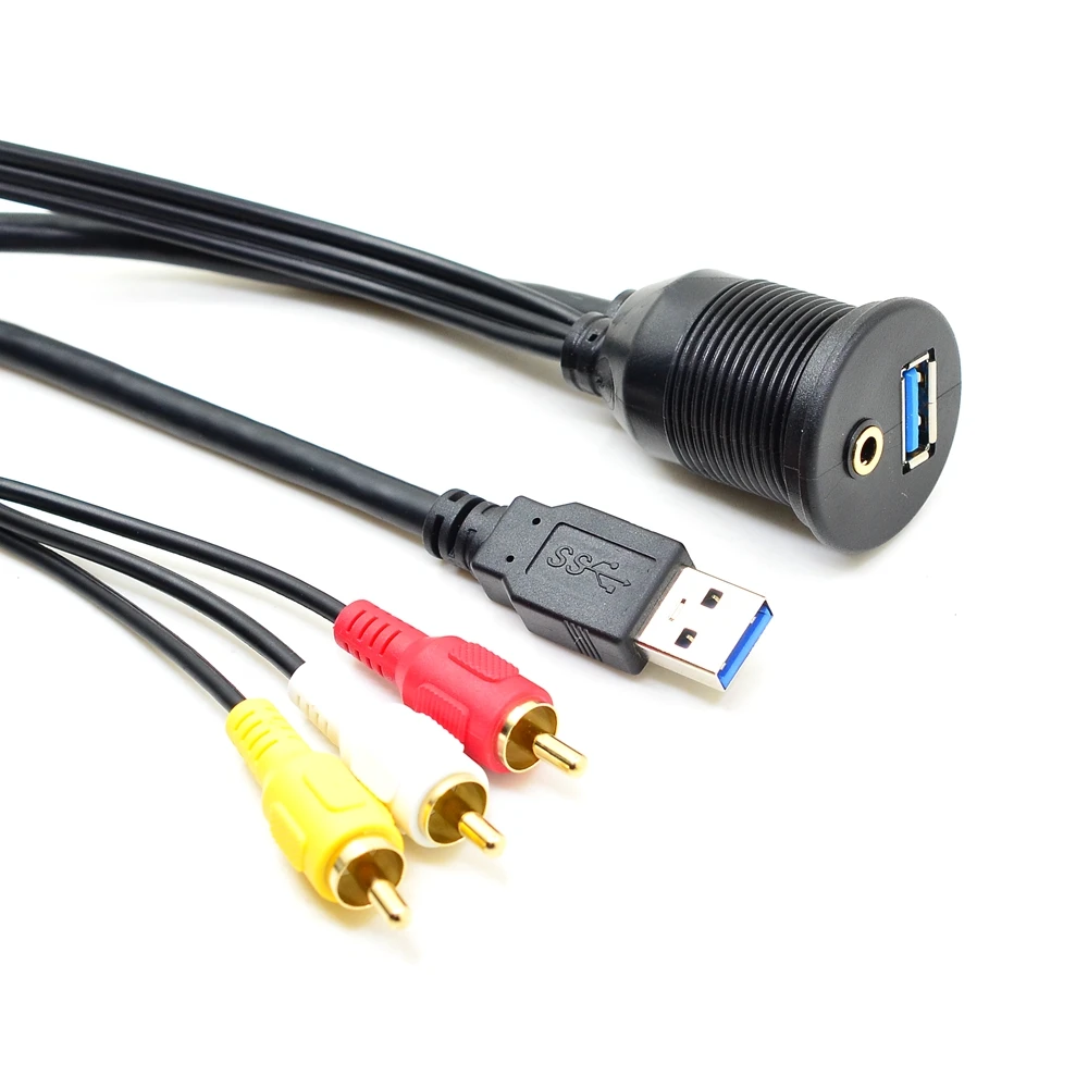 

1 M/3 Ft USB 3.0 & 3 RCA Male to USB3.0 & 3.5mm Female Dashboard Panel Aux Extension Flush Mount Cable for Car Boat Truck Motor