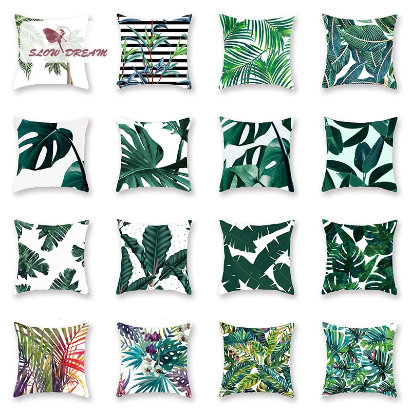 

Slowdream Nordic Style Pillow Cases Decorative Home For Bed Sofa Chair Car Throw Cushion Cover Green Leaf Printing Pillowcase