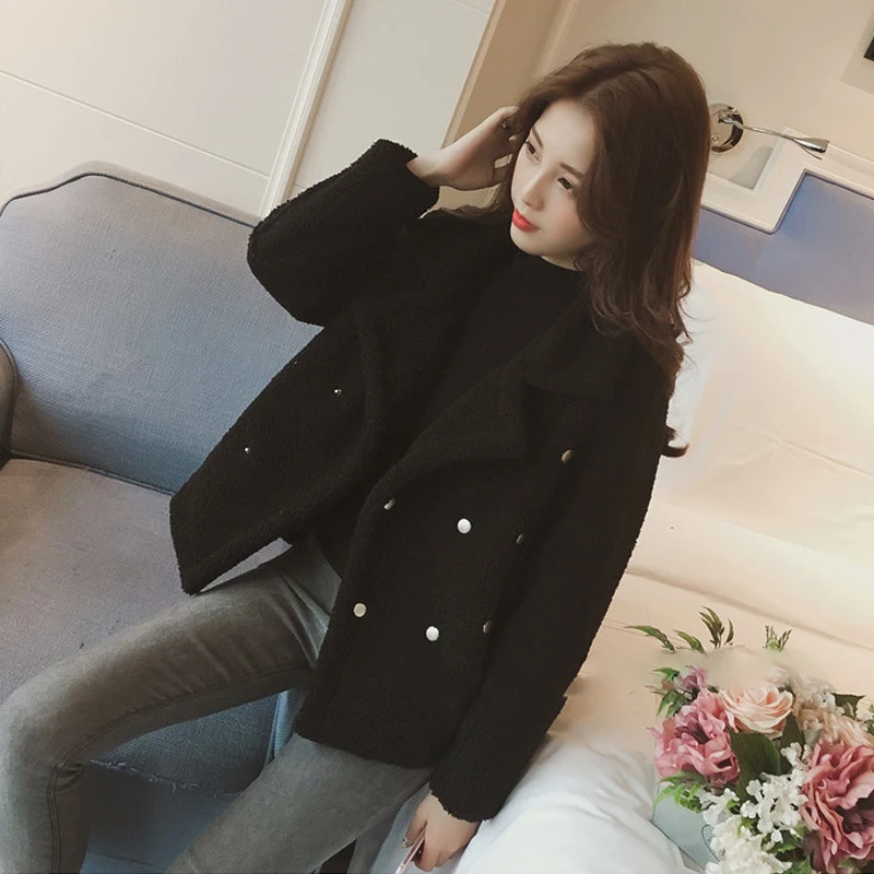

veste femme Fleece Jacket Women Autumn Female Wide Lapel Casual Cropped Bomber Jacket Winter Ladies Fur Coat Button decoration