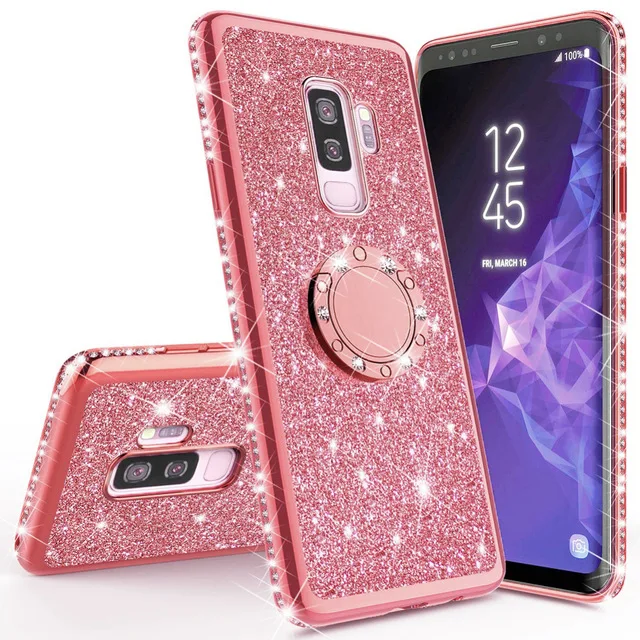 Сияющий блеск Магнитный чехол для samsung Galaxy S10 S10e S8 S9 плюс A5 A7 A6 A8 Note 8 9 Bling 360 кольцо задняя крышка - Цвет: Rose Gold