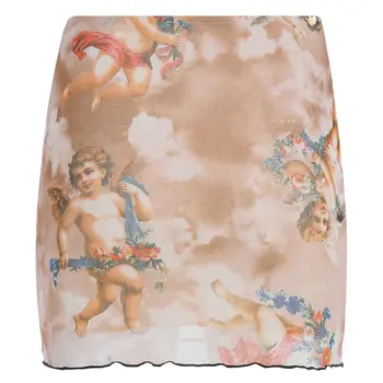 

Women Vintage Fancy High Waist Mini Pencil Skirt Cute Little Angel Print Mesh Patchwork Double Layer Ruffles Hip Slim Streetwear