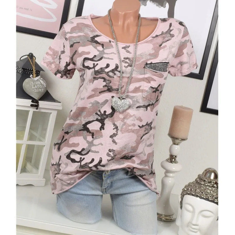 Женская летняя футболка размера плюс S-5XL, женская футболка с камуфляжным принтом, женские повседневные футболки - Цвет: A0263-FENSE