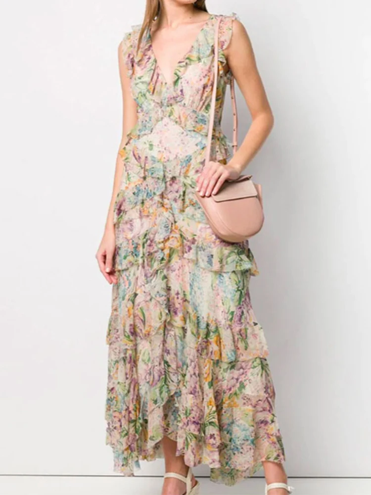 

2019 Summer New Women's Dress Women Multicolor Printing Deep V-neck Elegant Casual Dress Sleeveless Layered Dinner Dress