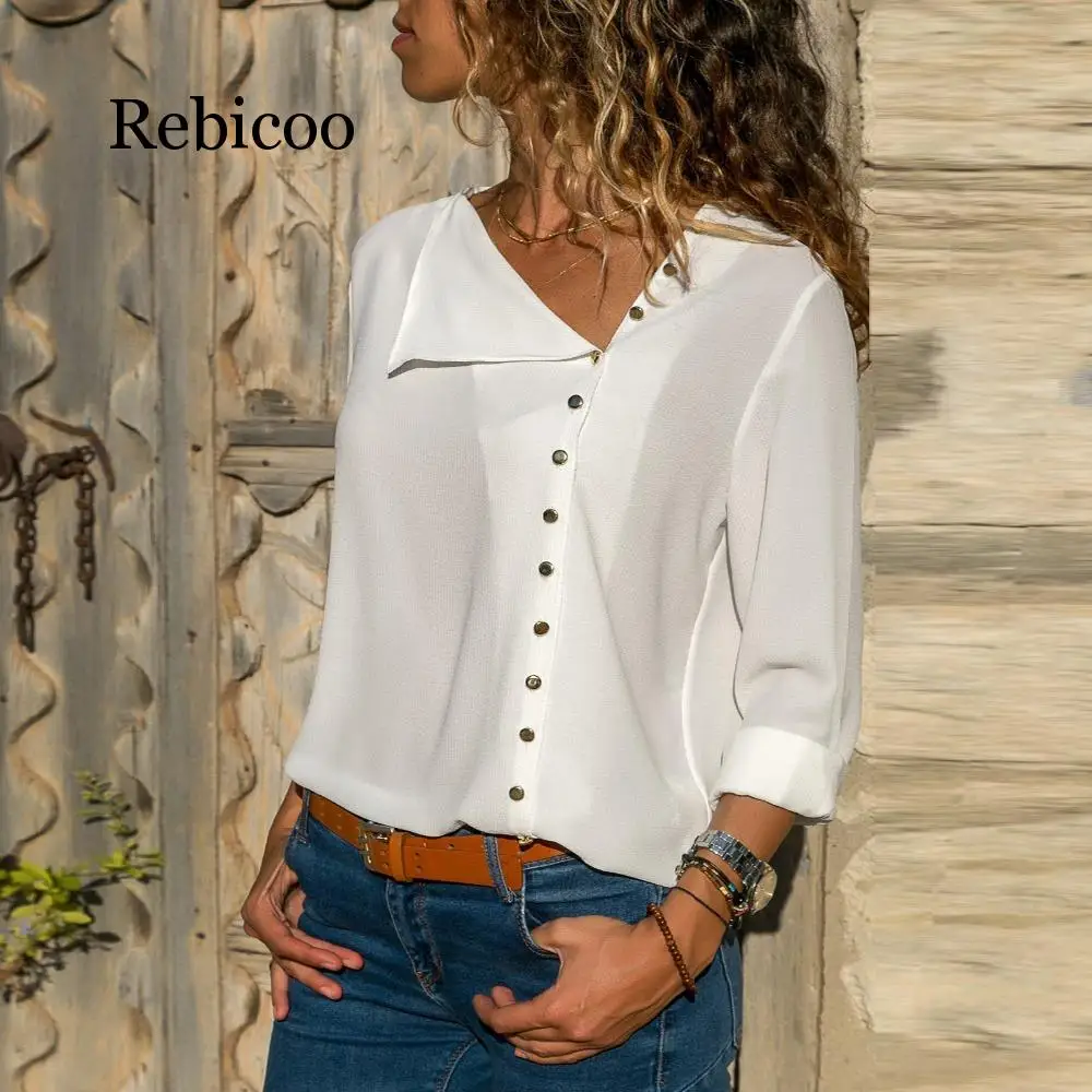Chiffon Blouse 2019 Fashion Long Sleeve Women Blouses and Tops Skew Collar Solid Office Shirt Casual Tops