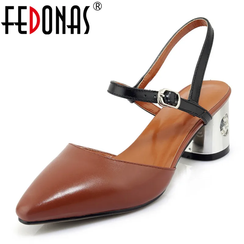 

FEDONAS Elegant Women Genuine Leather Shoes Woman Thick Heeled Summer Sandals High Quality Pointed Toe Wedding Party Shoes Woman
