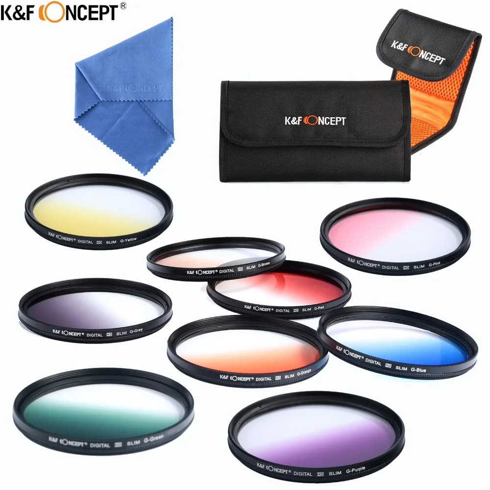 K&F CONCEPT 9PCS 40.5/52/58/67/77mm Graduated Camera Filter Orange Blue Grey Red Green 9 Color+Lens Cloth+Filter Wallet Case