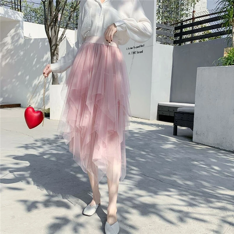 Асимметричная Женская юбка из тюля летняя пышная бальная юбка Корейская плиссированная юбка миди юбка с оборками с завышенной талией балетные пачки длинные юбки