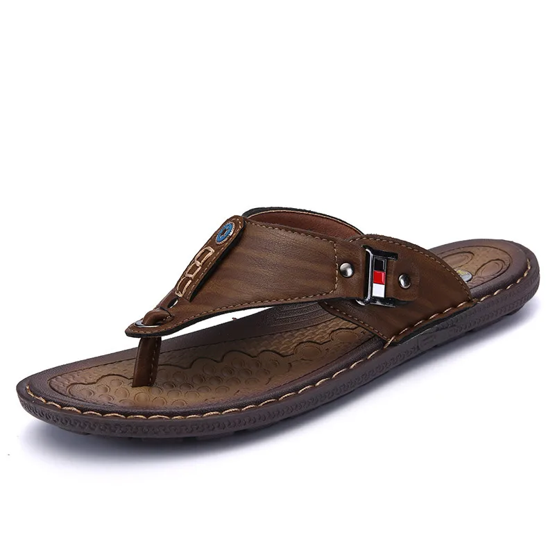

Brand Men Summer Leather Slippers Breathable Comfortable Slip-on Beach Shoes Casual Flip Flops