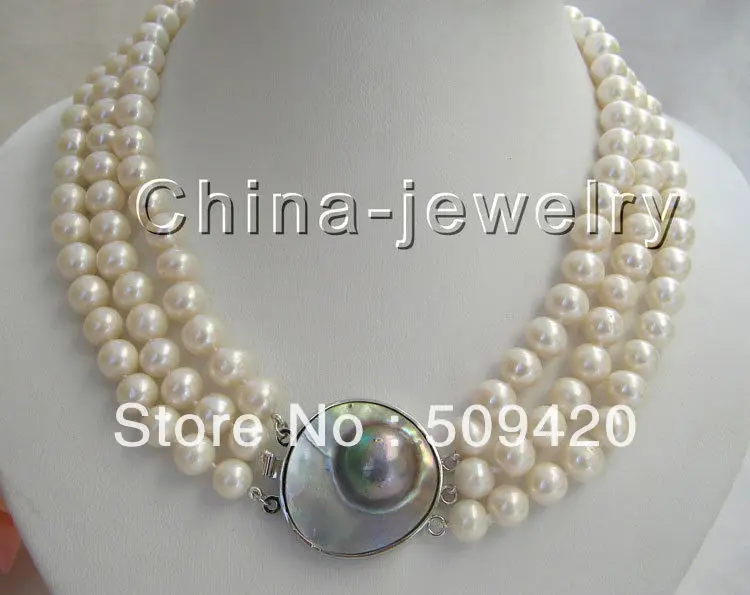 

Free Shipping >>Lustrous AAA 3row 8-9mm natural white round FW pearl necklace-925 silver Mabe