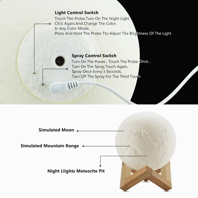  New 880ML Air Humidifier 3D Moon Lamp light Diffuser Aroma Essential Oil USB Ultrasonic Humidificad