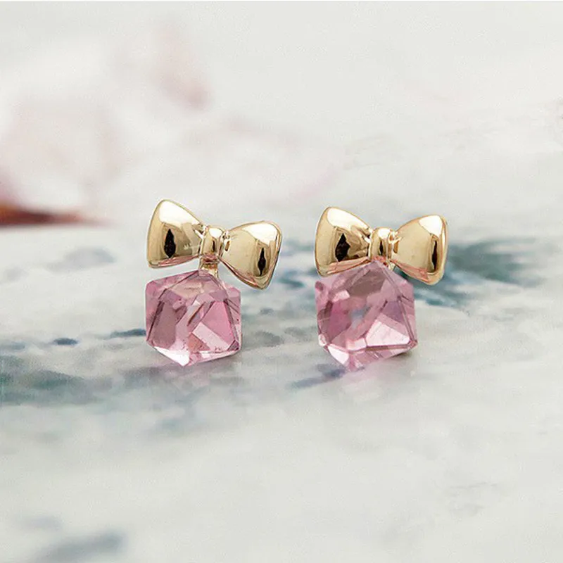 

Fashion Rose Gold Bowknot Cube Crystal Earrings Tri-crystal Crystal For Women's Festivals Wholesale Retail