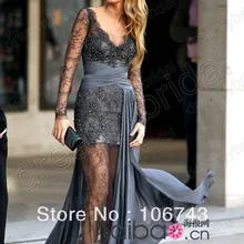 Прибытие Серый Кружева Пром vestidos formales длинным рукавом Вечернее платье На Заказ партии Платья Знаменитостей