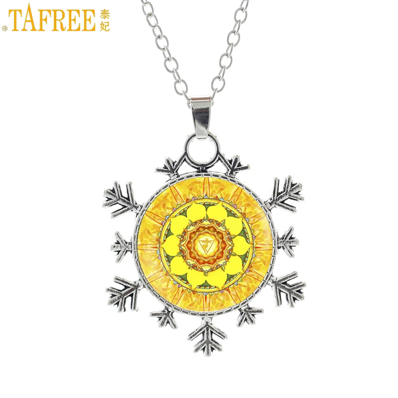 

TAFREE new yellow yoga lotus mandala flower women necklace buddhist buddha charms sacred geometry snowflake pendant jewelry HT40