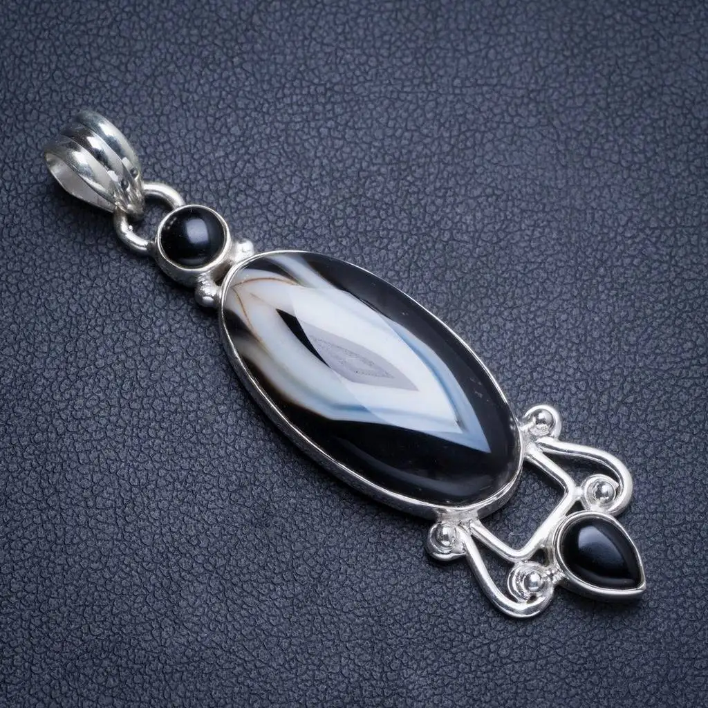 

Natural Botswana Agate and Black Onyx Handmade Unique 925 Sterling Silver Pendant 2.5" Y5113