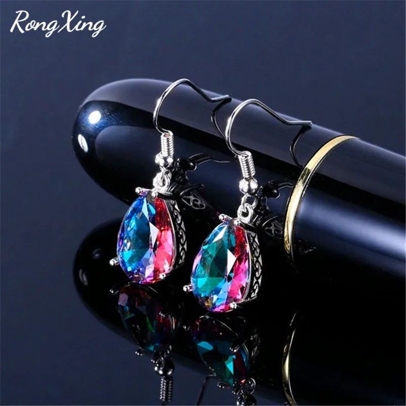 RongXing 925 Silver Filled Multicolor Zircon Engagement Earrings for Women Mystic Rainbow Stone Water Drop Earring Wedding Gifts