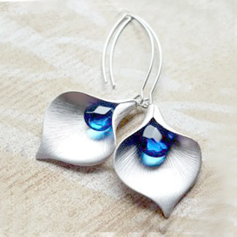 

YWOSPX Bohemian Blue Zircon Flower Silver Dangle Earrings for Women Fashion Jewelry Wedding Brincos Engagement Drop Earings