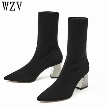 

2018 Fashion Ankle Elastic Sock Boots Chunky High Heels Stretch Women Autumn Sexy Booties Pointed Toe Women Pump Size 40 F113