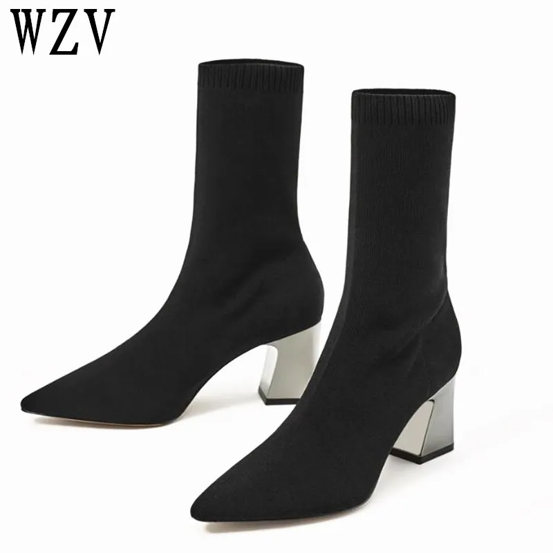 Ceny 2018 moda kostki elastyczne skarpety buty masywne szpilki na wysokim obcasie Stretch kobiety jesień Sexy botki Pointed Toe kobiety rozmiar pompy 40 F113