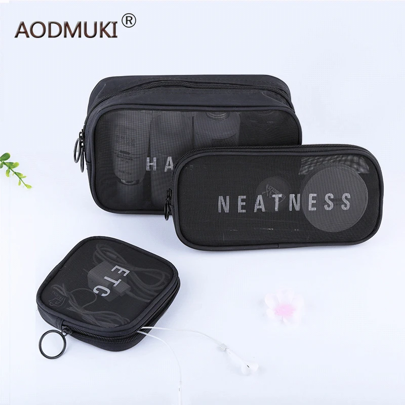 

AODMUKI 3 piece suit Fashion Women Travel Small Large Cosmetic Bag Set Makeup Mesh Toiletry Bags Men Wash Organizer Pouch Case