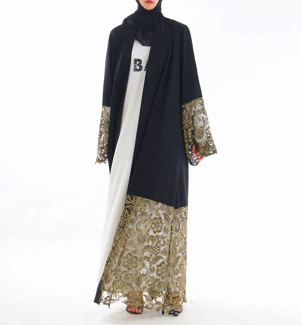 Черная, лазерная обработка кружево мусульманское платье-Абая исламской Для женщин Малайзии джилбаба Djellaba халат мусульманин турецкий Baju открытым кимоно кафтан