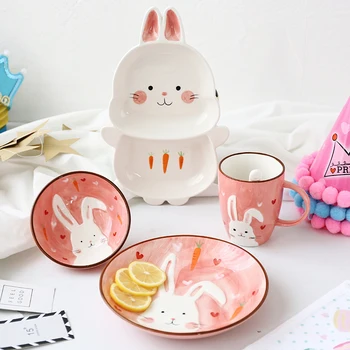 

1pc Animal Zoo Dinner Plate Rabbit Bowl Mug Dinnerware Ceramic Porcelain Baby Children Tableware Bear Feeding Dish