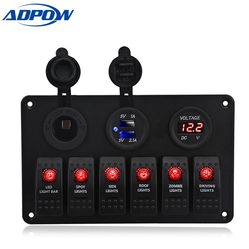

ADPOW Car Boat Rocker Switch Panel Dual USB Cigarette Lighter Socket Voltmeter Auto Car Switche Panel LED Boat Switch Panel