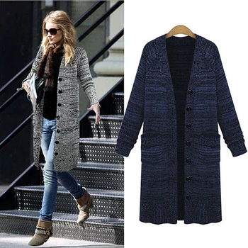 

2018 Women Fashion Thick Single Breasted Big Pockets Knit Sweater Retro Long Sleeve Autumn Winter Long Cardigan Sweater Coat