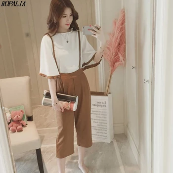 

Women Chiffon Two Pieces Set Loose Half Flare Sleeves O-Neck Solid Top And Calf-Length Pockets Overalls Set