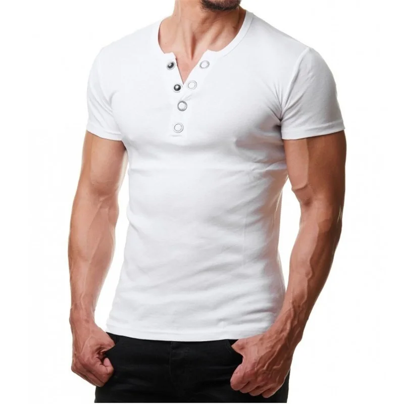 Fastbot Mens T-Shirt Tops Sleeves Cotton V-Neck Button Breathable Shirt 2019 New