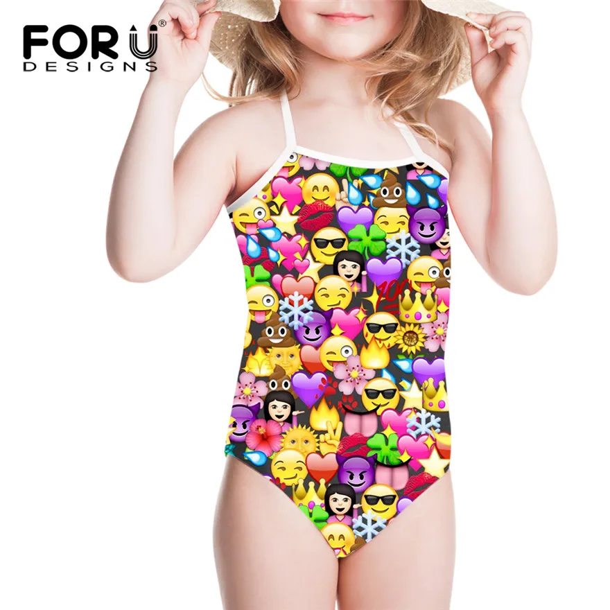 FORUDESIGNS Children Swimwear Girl Swimsuit One Piece Funny Emoji 3D