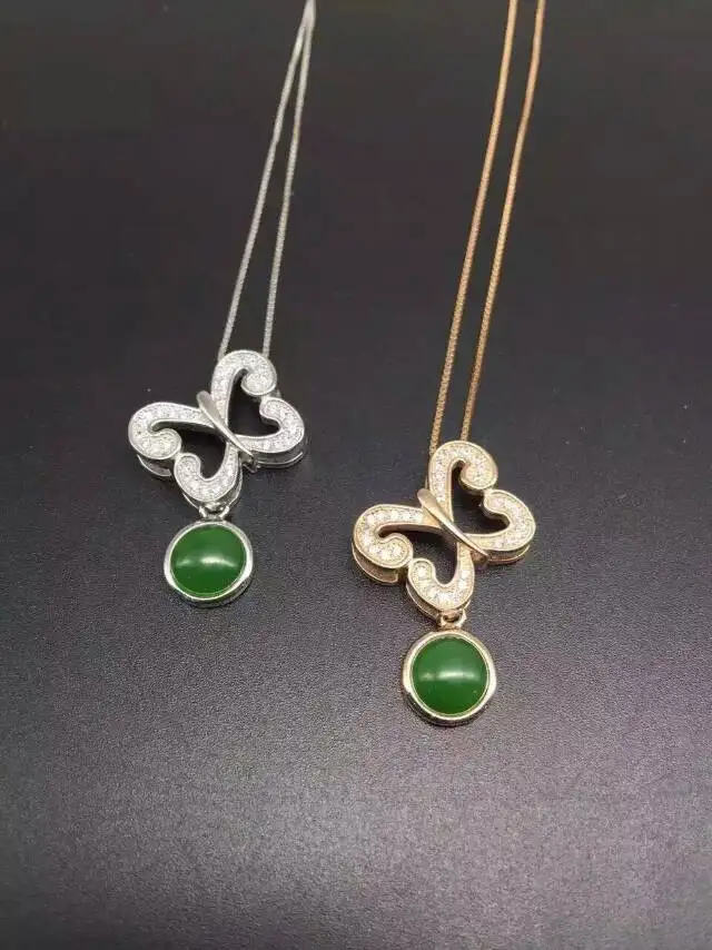 

natural green jasper pendant S925 Sterling silver Natural gemstone Pendant Necklace trendy Butterfly fly women girl jewelry