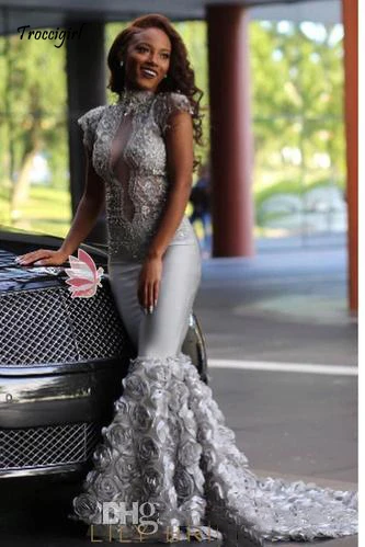 

African Silver High Neck Mermaid Prom Dresses Ruffles Rose Flower Prom Gowns Robe De Bal Backless Party Dresses Evening Wear For