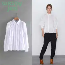 2019 New Autumn Lapel Long Sleeve Fold White Loose Shirt Women Blouse Fashion Tide button casual loose tops