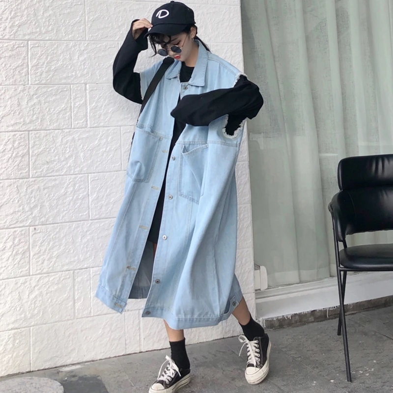 

LANMREM 2019 Spring Autumn New Temperament Women Fashion Loose Solid Color Wild Long Sleeveless Denim Jacket TC078