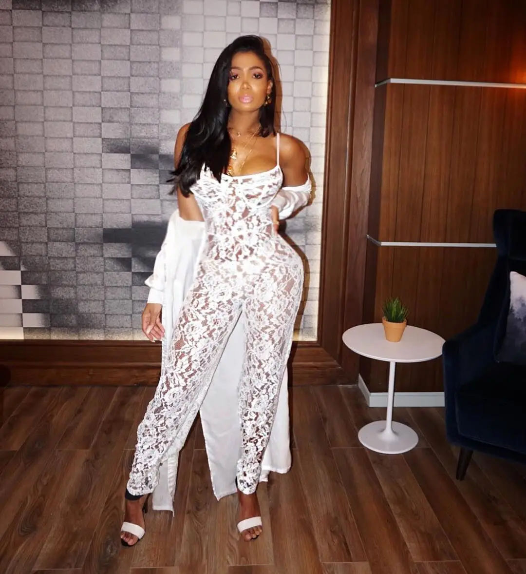 2018 Summer New Women Sexy Lace Jumpsuit See Through Spaghetti Straps Full Length Rompers Night Club Bodycon Ladies Party Outfit Jumpsuits and Playsuits
