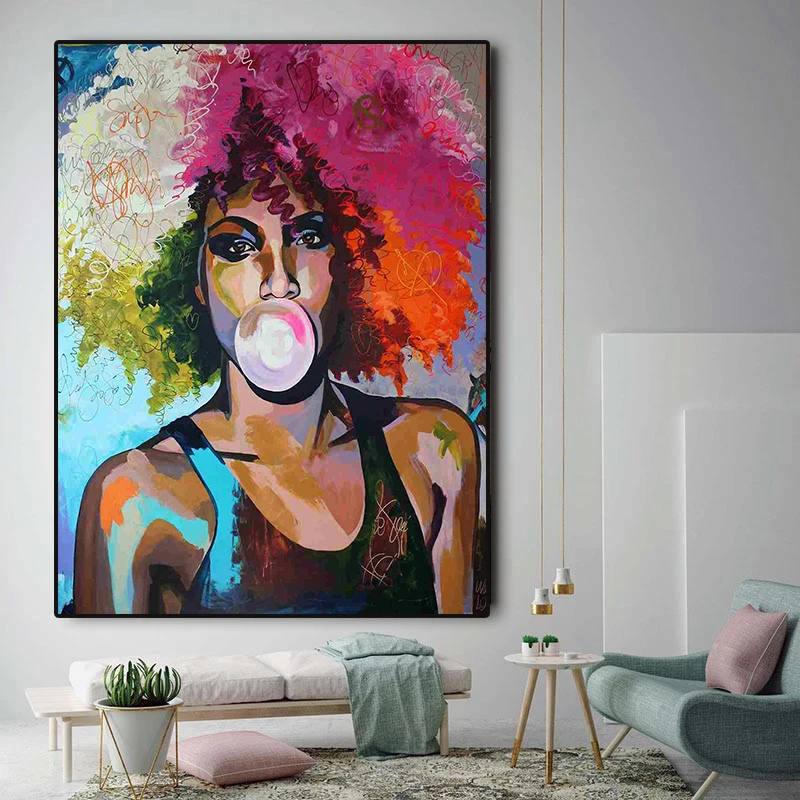 

Abstract Bubble Gum Girl African Woman Oil Painting on Canvas Posters and Prints Scandinavian Wall Art Picture for living room