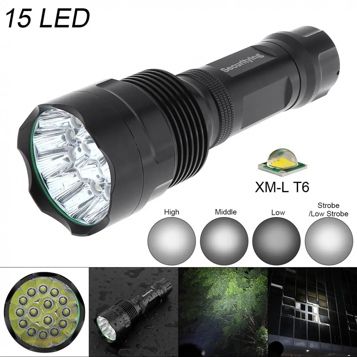 

SecurityIng Super Bright 15x T6 LED 5000Lumens Waterproof Flashlight Torch with 5 Modes Light Support 18650 Rechargeable Batter