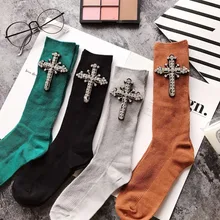 Женские хлопковые носки ручной работы с кристаллами крест осенняя и зимняя цена 4 цвета