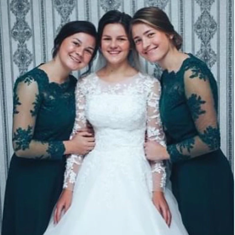 Vestido de festa longo платья подружки невесты с длинными рукавами темно зеленое кружевное